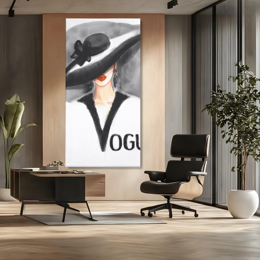 Tablou canvas cu ilustratie cu femeie purtand palarie, fara rama, pe sasiu de lemn, pe perete intr-un birou